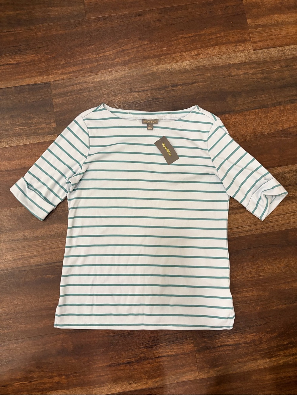 Style & Co. White Boatneck Top with Teal Stripes